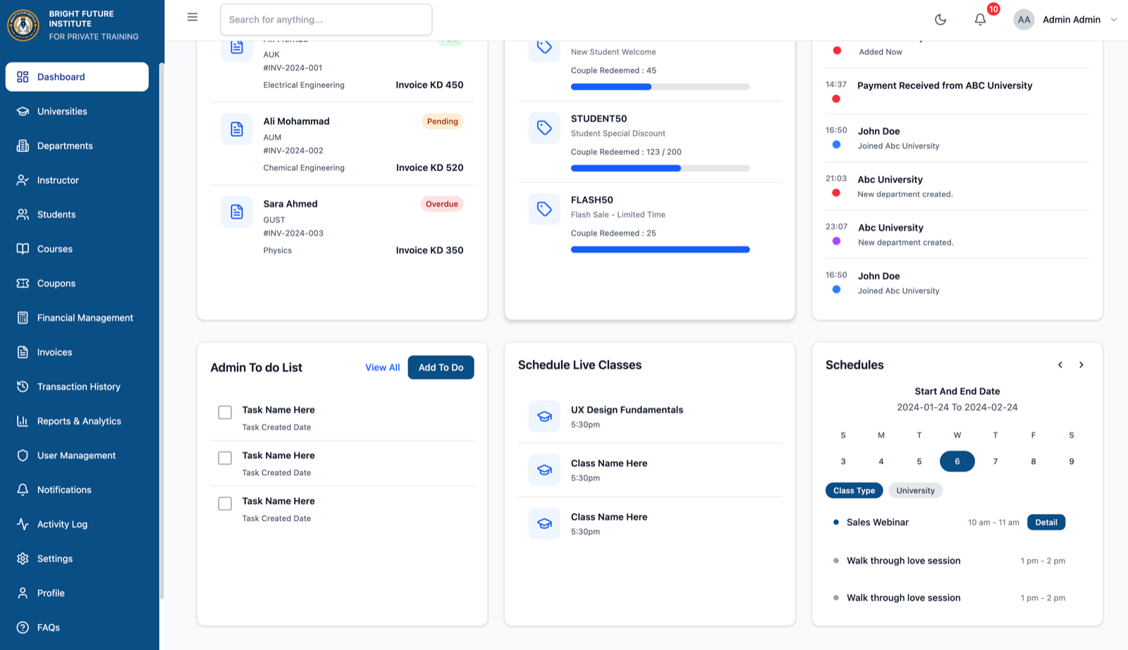 Bright Future admin — schedules and tasks