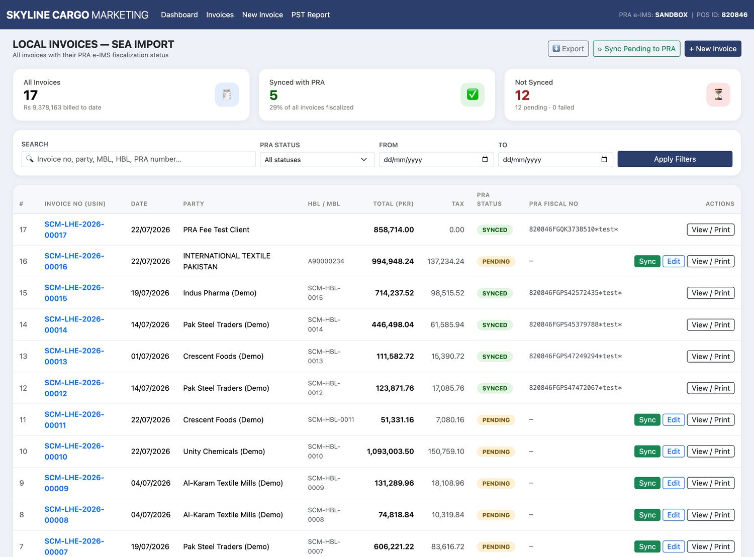Skyline Cargo platform — sea-import invoices with PRA e-IMS sync status and fiscal numbers
